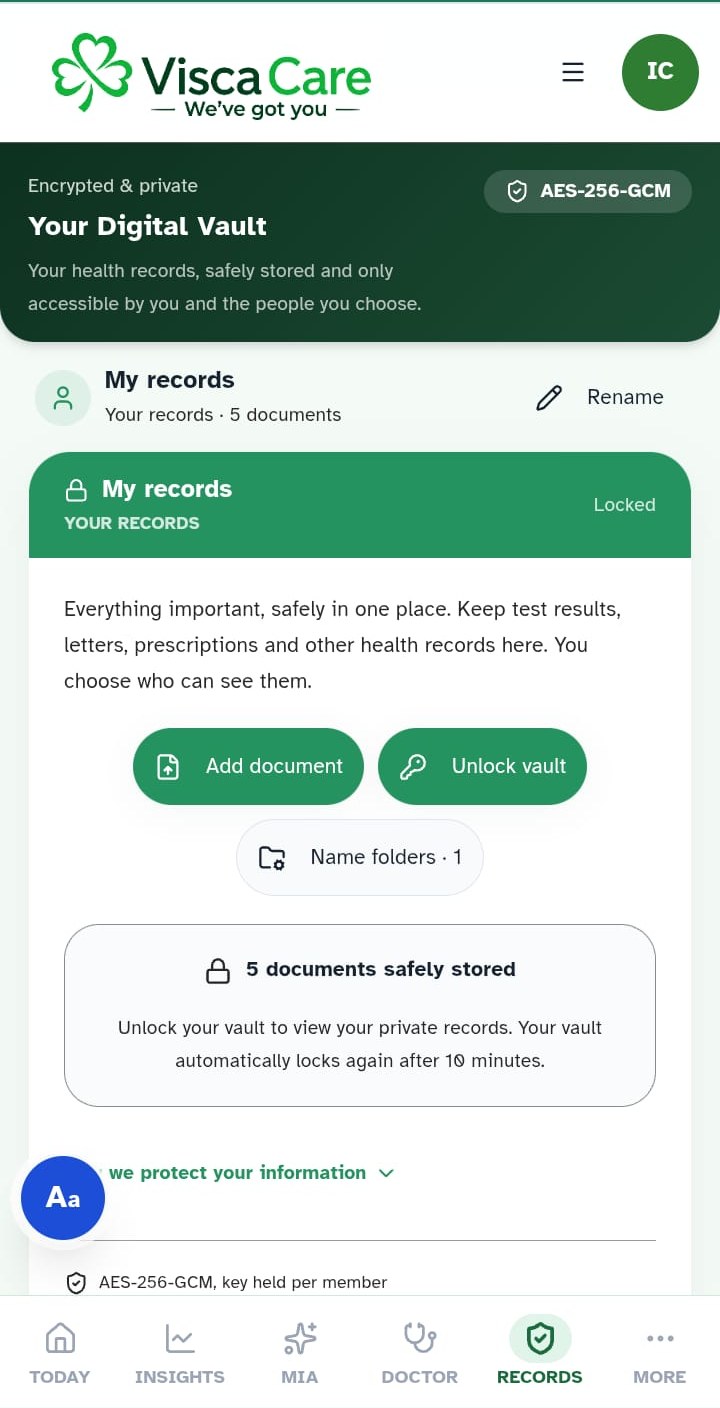 The encrypted Digital Vault in the ViscaCare app