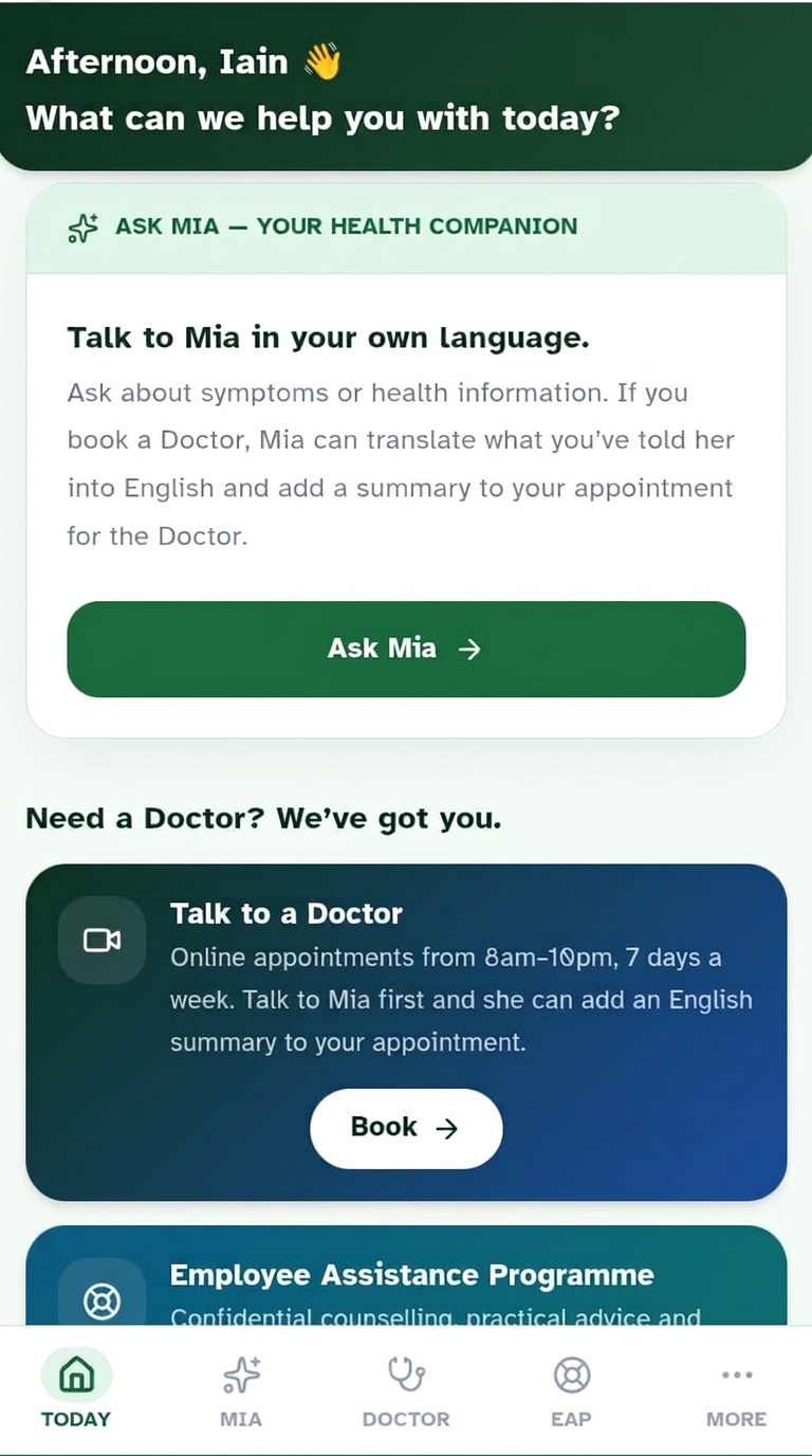 The ViscaCare app home screen, with Ask Mia, Doctor booking and Employee Assistance