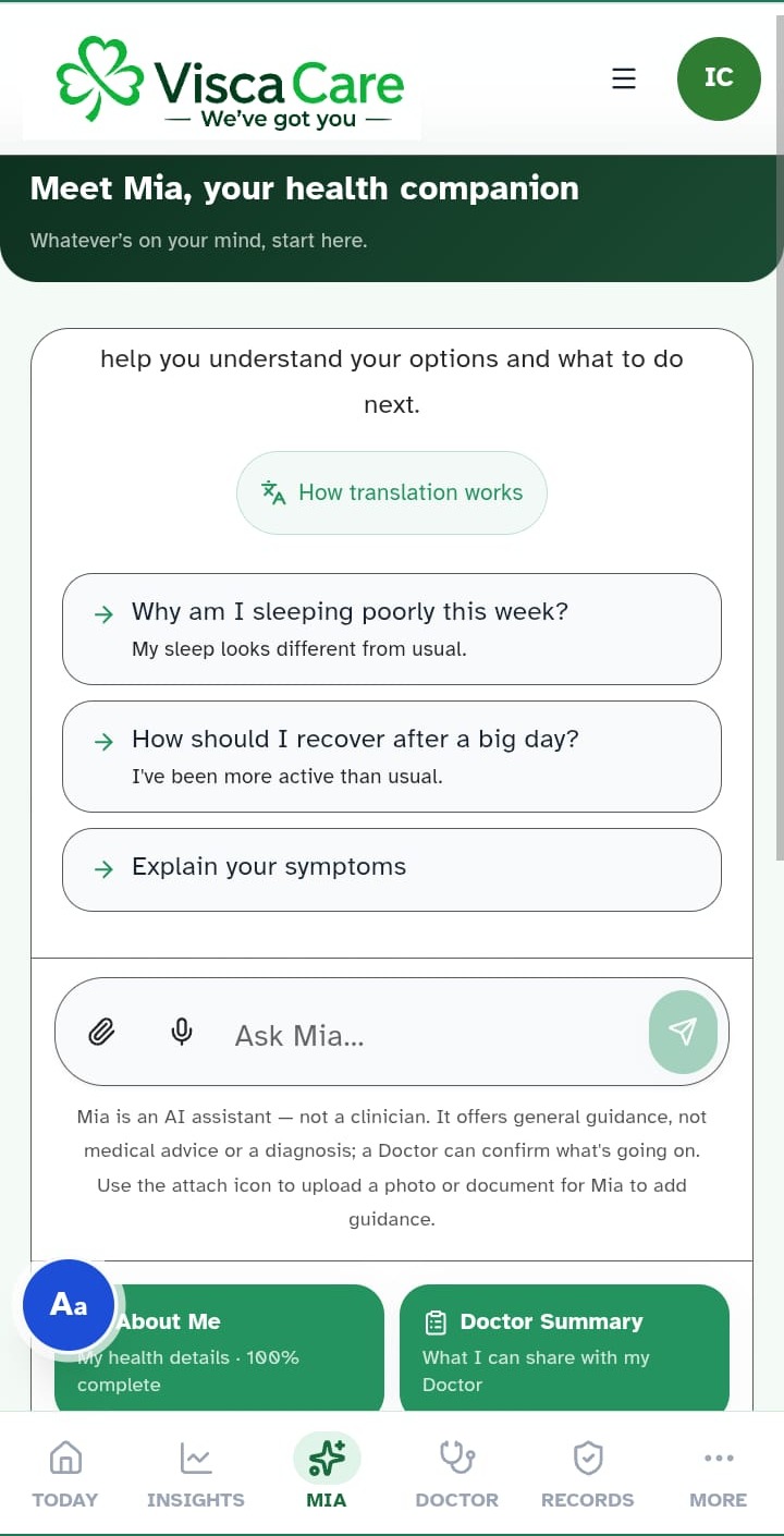 Ask Mia in the ViscaCare app, with health guidance and Doctor summary tools