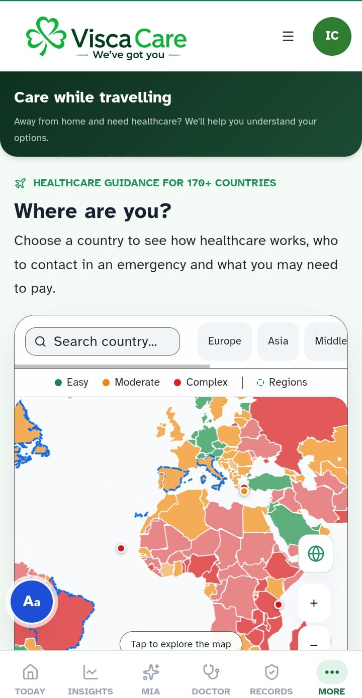 International healthcare guidance in the ViscaCare app