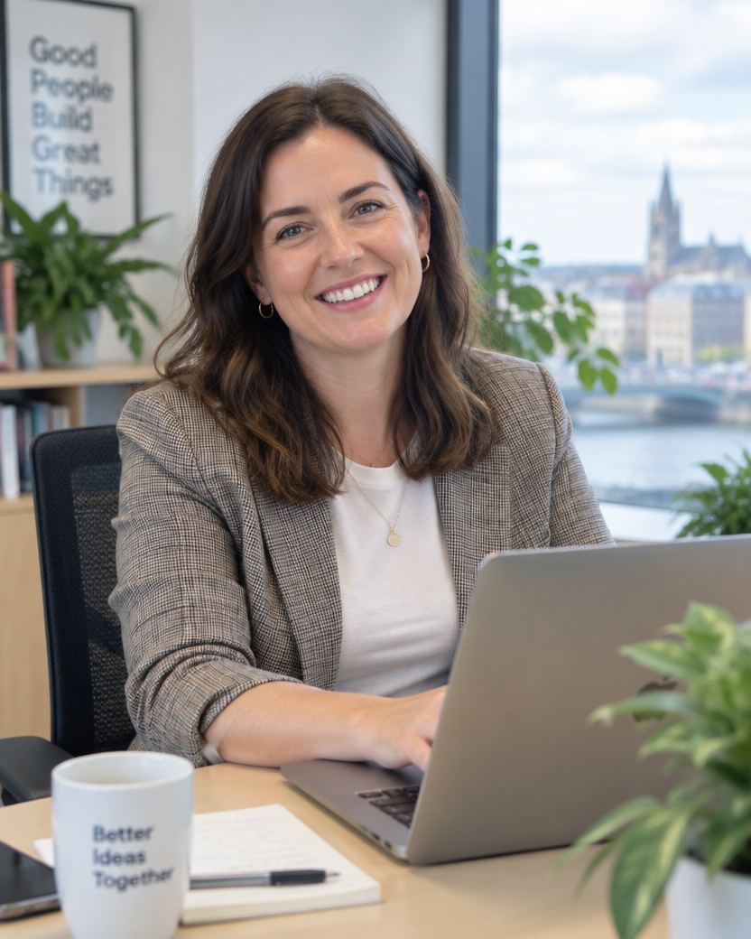 Employee smiling at her laptop in a bright office