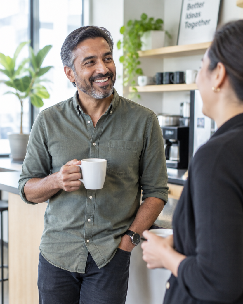 Colleagues chatting over coffee in an office kitchen