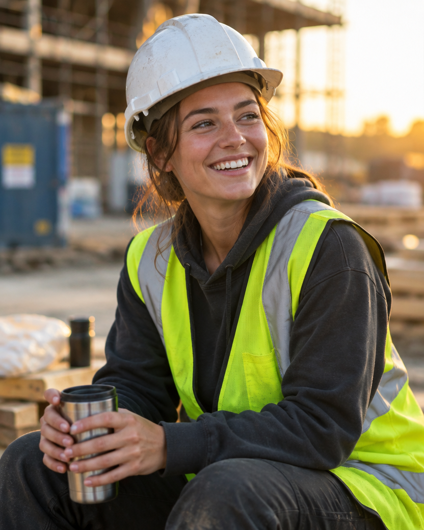 Construction worker enjoying a break at the end of the day