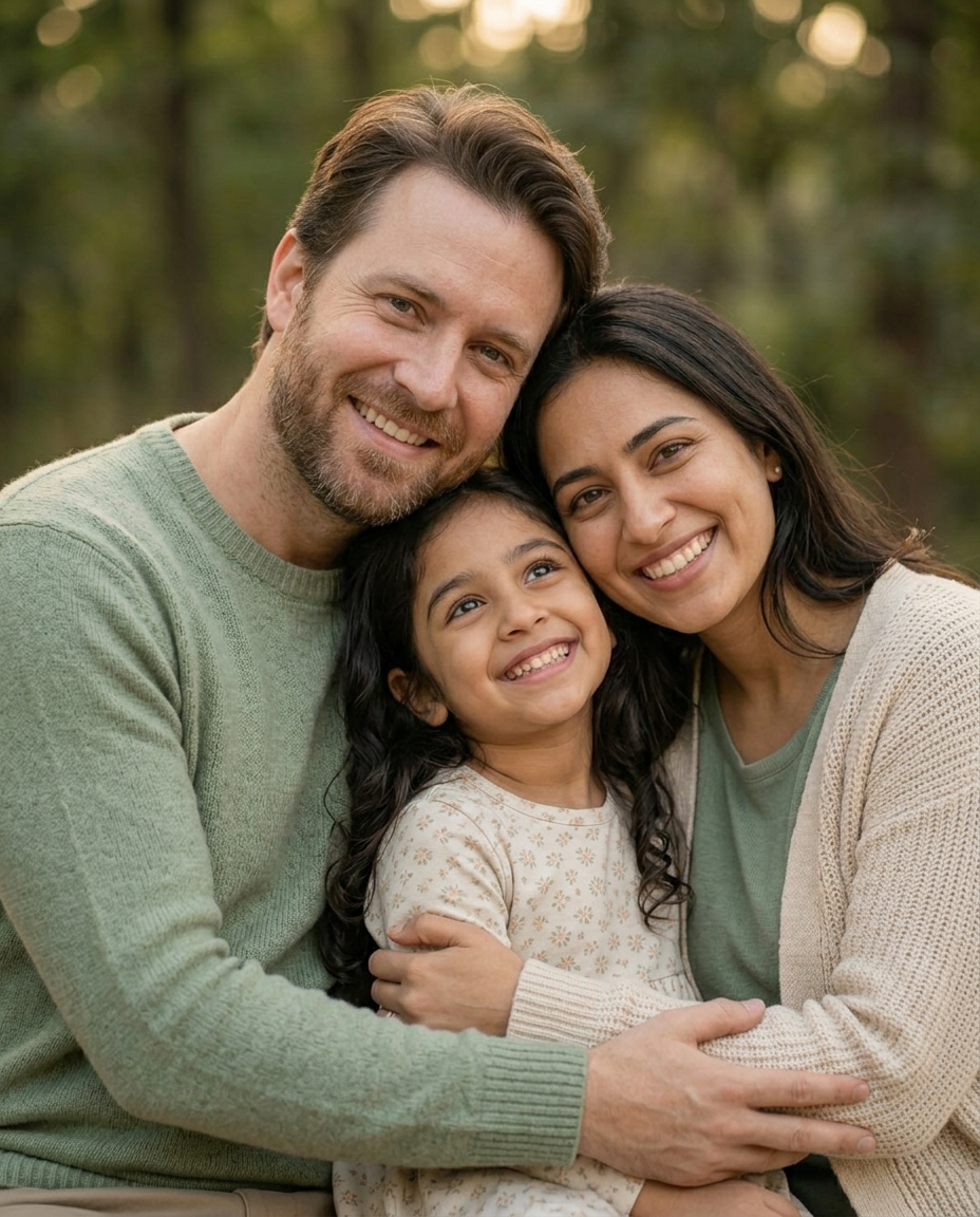 A father, mother and child smiling together outdoors